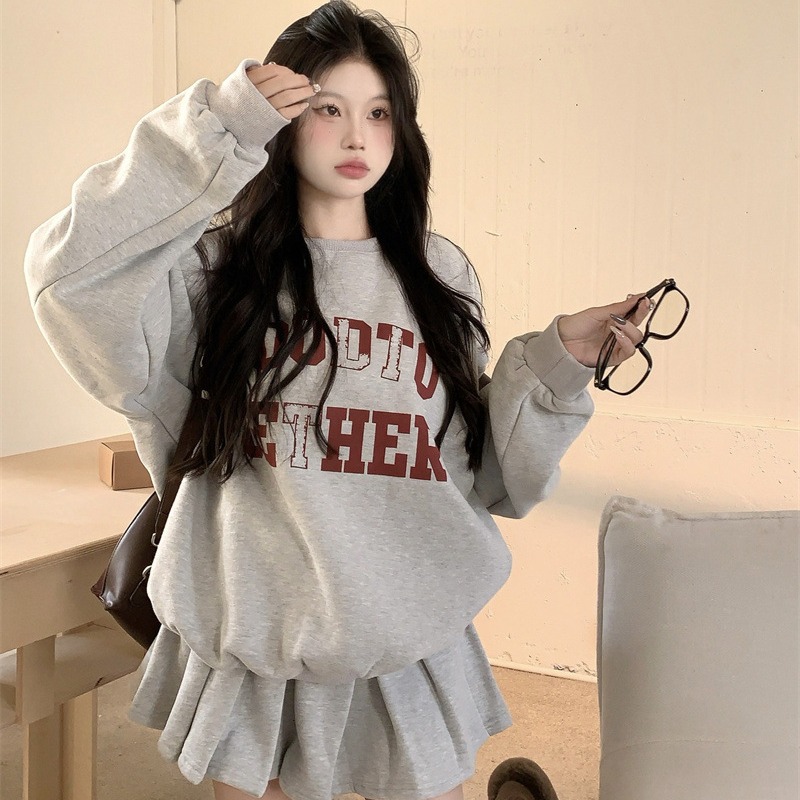 Pure Cotton fur Chinese cotton composite silver fox velvet fashion suit printed sweater autumn and winter high waist skirt two-piece set