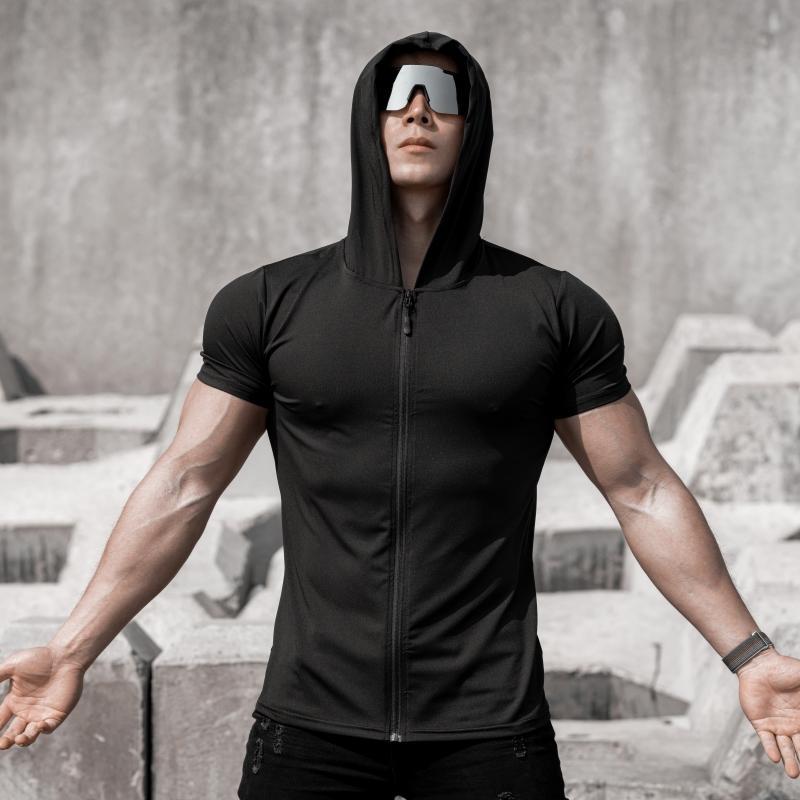 GYM ARM Spring New Fitness Sports Quick Drying High Elastic Zipper Hooded Tight Short Sleeve Cycling Training New