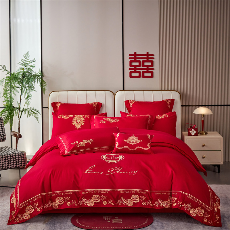 Picture of High-End 120S Pure Cotton Long-Staple Cotton Wedding Four-Piece Set New Chinese Style Dragon and Phoenix Embroidery Wedding Red Bedding