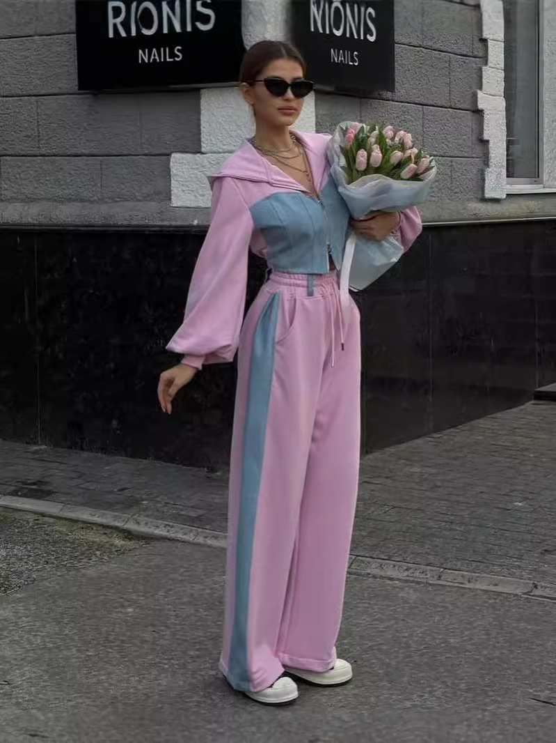 Picture of 2025 Cross-Border European and American Style Fashion Casual Sweatshirt Suit Denim Splicing Hooded Top and Pants Two-Piece Set for Women