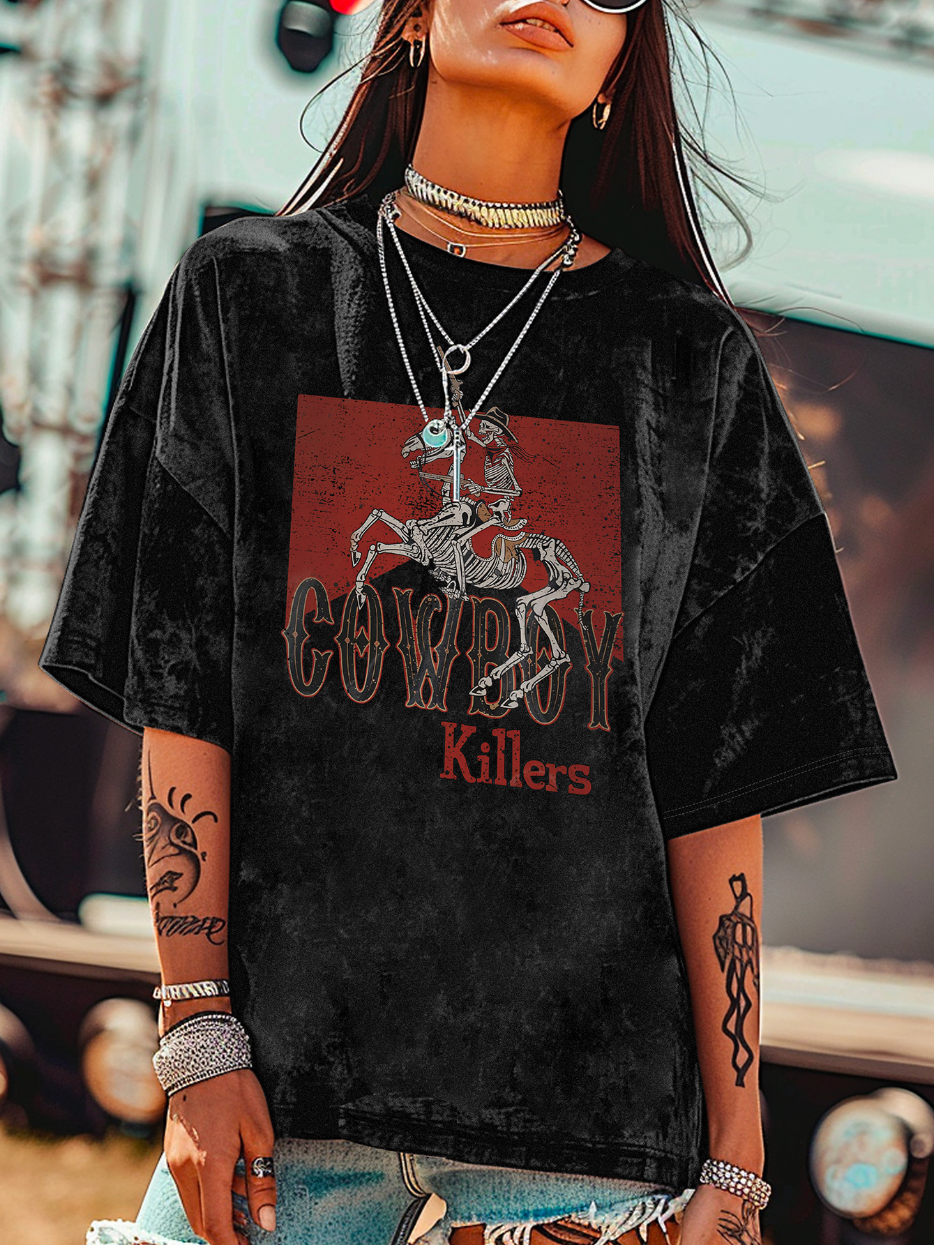 Women's Vintage Alphabet Skull Casual Dressed Washed T-Shirt