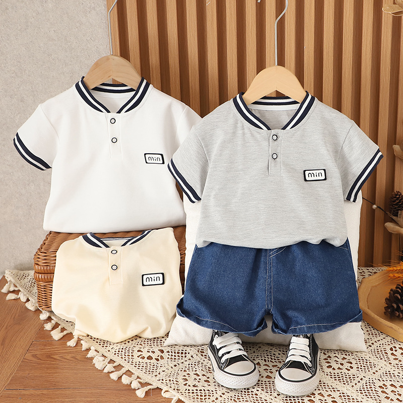 2025 Summer Banana Collar Placket Short-sleeved suit Boys' Solid Color Polo Shirt suit Children's Two-piece Fashionable Clothes