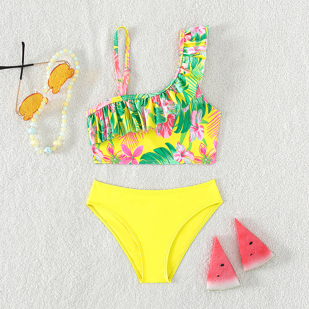 European and American New Children's Slant Shoulder Strap Split Swimsuit Girl's Printed Quick-drying Breathable Bikini Swimsuit