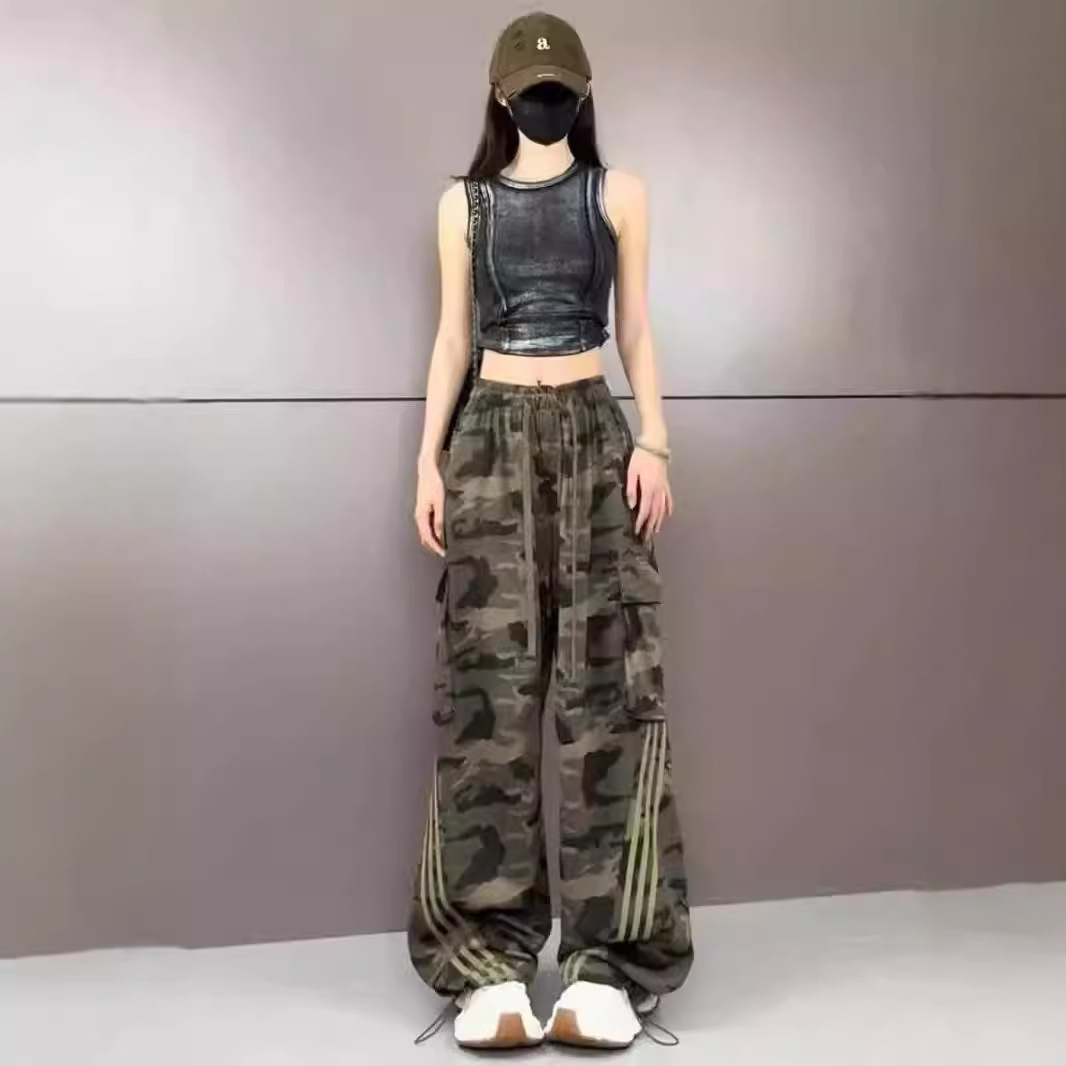 American striped camouflage overalls women's thin 2024 summer new casual relaxed-fit slim straight leg pants fashion