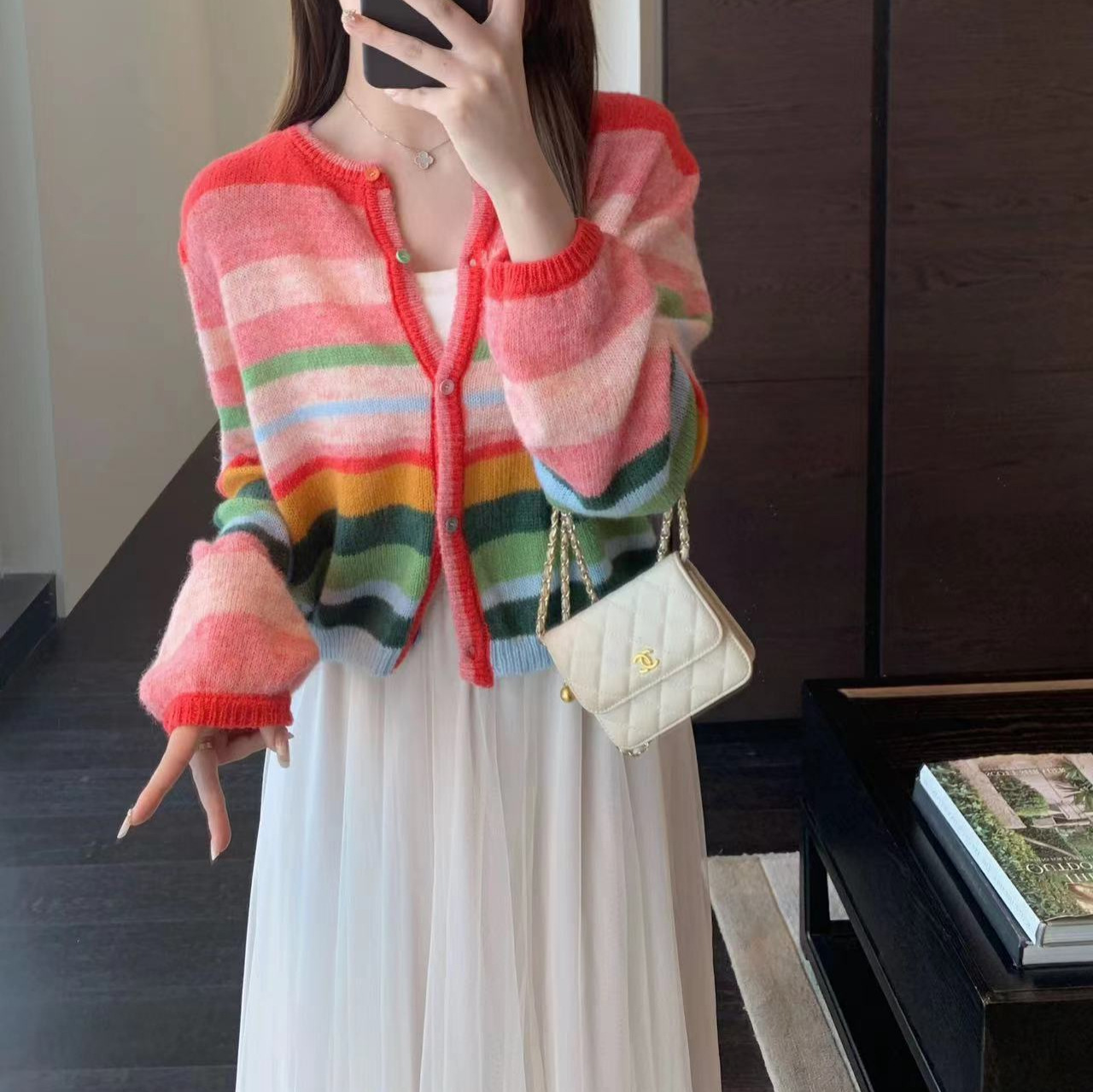 Beautiful Color Matching Atmosphere Rainbow Striped Sweater Knitted Cardigan Sweater Women's Autumn and Winter New