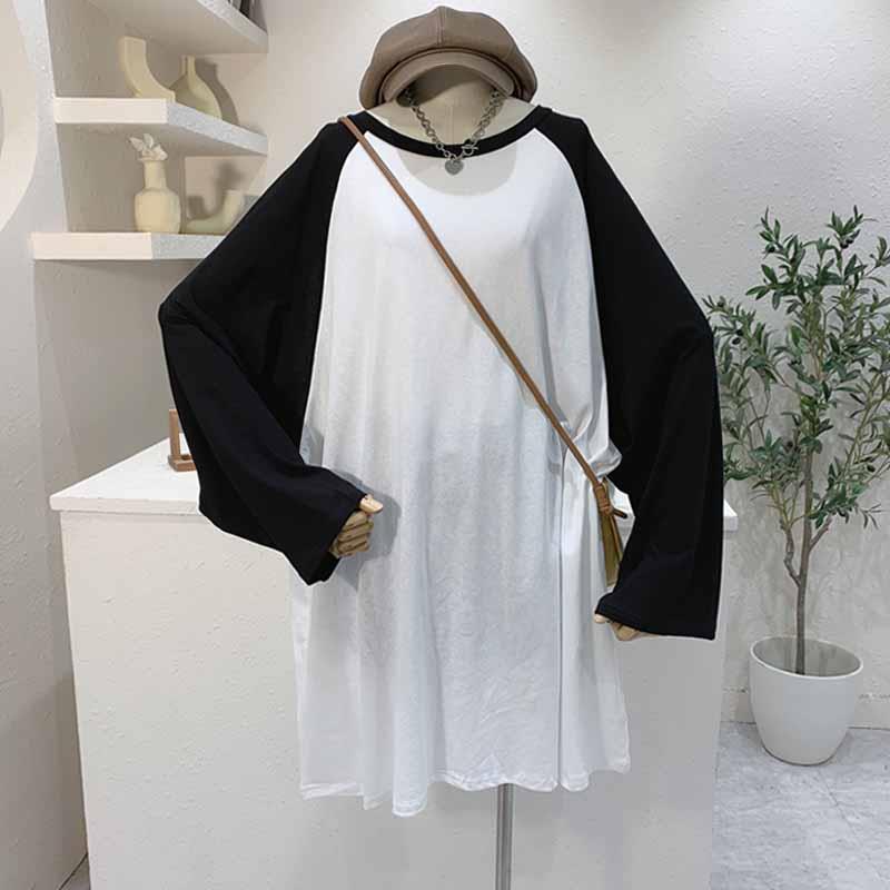 Super plus size 300kg chubby girl Korean stitching contrast color long sleeve T-shirt women loose age-reducing 200kg T-shirt skirt ins tide