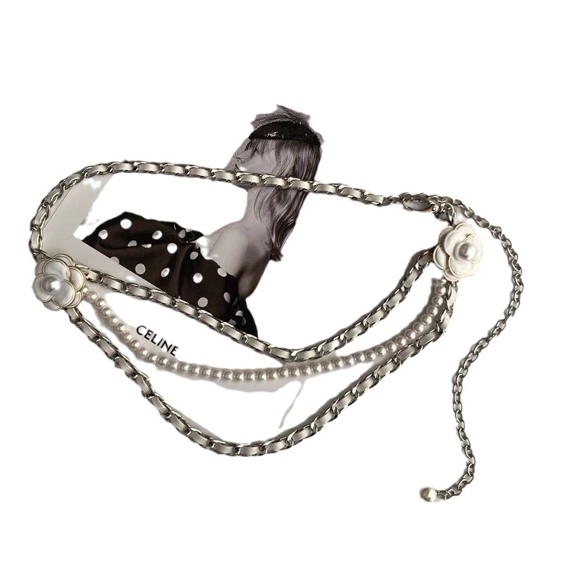 Tweed Style Retro Waist Chain Accessories Suit Belt Women's Pearl Chain Camellia Decorative Waist Accessories Ins Trendy Belt
