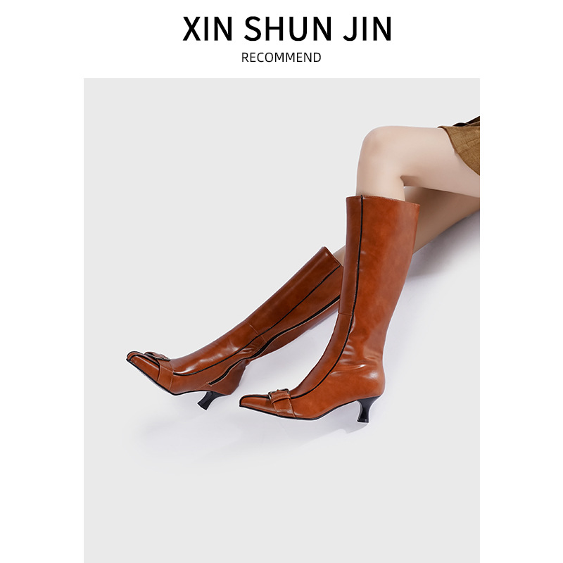 Vintage Belt Buckle Boots Women's 2025 Fashion Boots Thick Heel Pointed Side Zipper Slimming All-match Fashion Boots