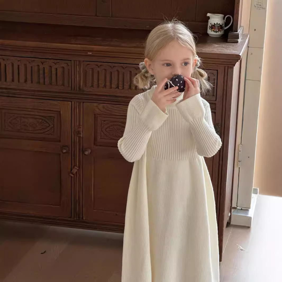 Girls Dress 2025 Spring and Autumn New Korean Style Children's Solid Color Knitted Princess Dress Baby Mid-Length Sweater Dress