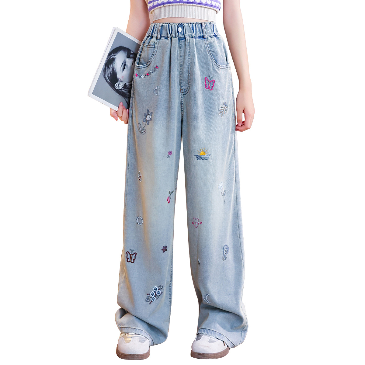 Picture of Girls' 2025 New Tencel Jeans Summer Children's Anti-mosquito Pants Western Style Summer Big Children's Ice Silk Wide Leg Pants