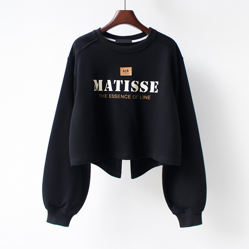 American-style High Street Irregular Slit Sweatshirt Ins Trendy Letter Lantern Sleeve Lazy Round Neck Long-sleeved Short Top for Women