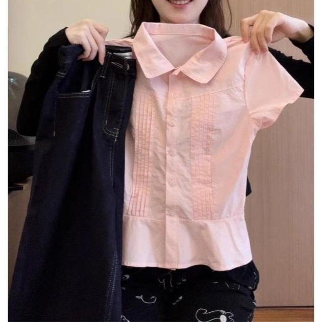 Korean Sweet Pink Short-Sleeved Shirt for Women Summer 2025 New Loose Casual Waist Versatile Small Flying Sleeve Top