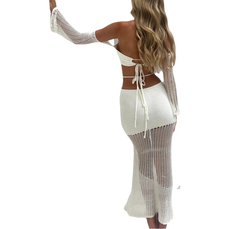 2023 Spring and Summer New Style Chest-Wrapped Sleeve Top with Cut Out Butt-Covering Skirt Knitted Women's European and American Export Two-Piece Set
