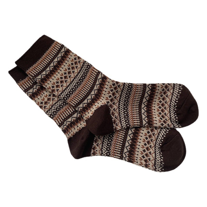 Socks for Women in Autumn and Winter Double-Needle Mid-Calf Socks Ins Trendy Japanese Style Retro Ethnic Style Outer Wear Long Tube Pile Socks Outer Wear
