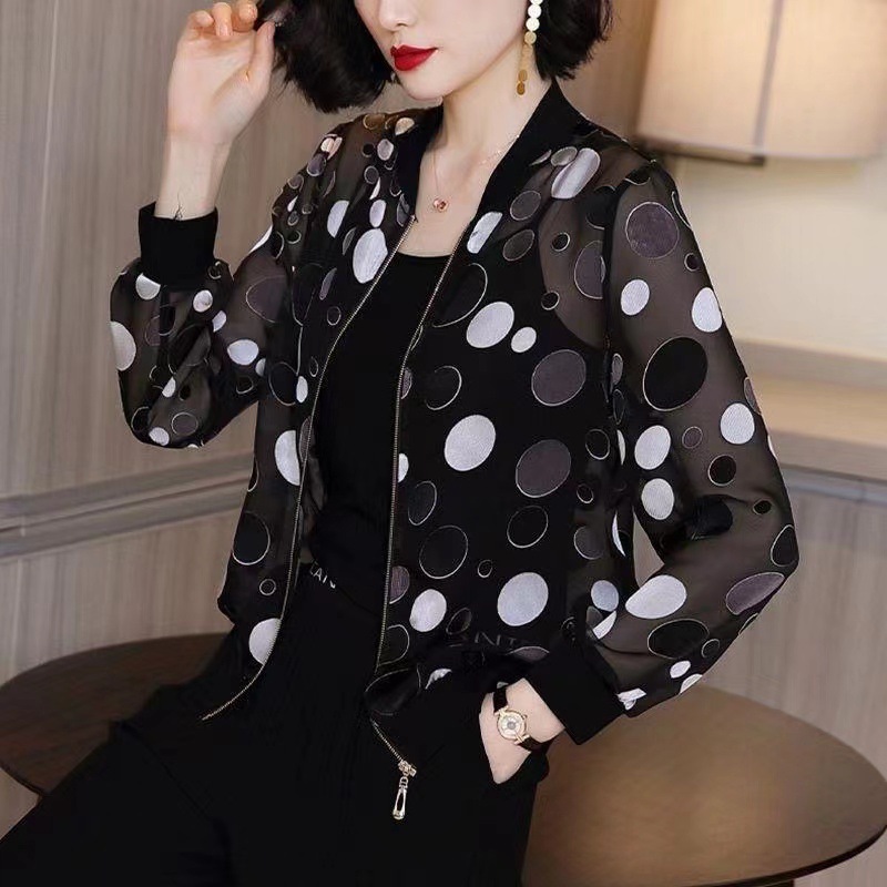Picture of Chiffon thin air conditioning sun protection coat women's Korean-style long-sleeved zipper baseball uniform printed loose short coat