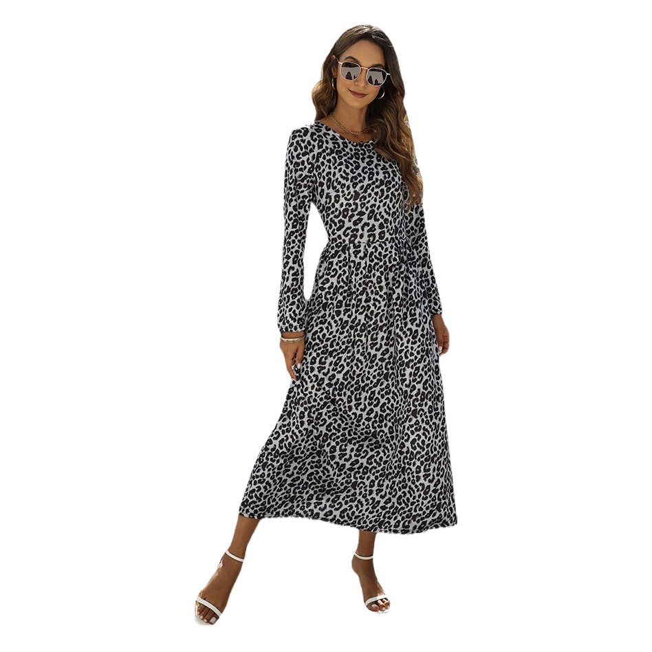 2025 Spring and Summer Women's Fashion Women's Retro Leopard dress Crewneck Long Sleeve Casual Crumpled Pleated Dress