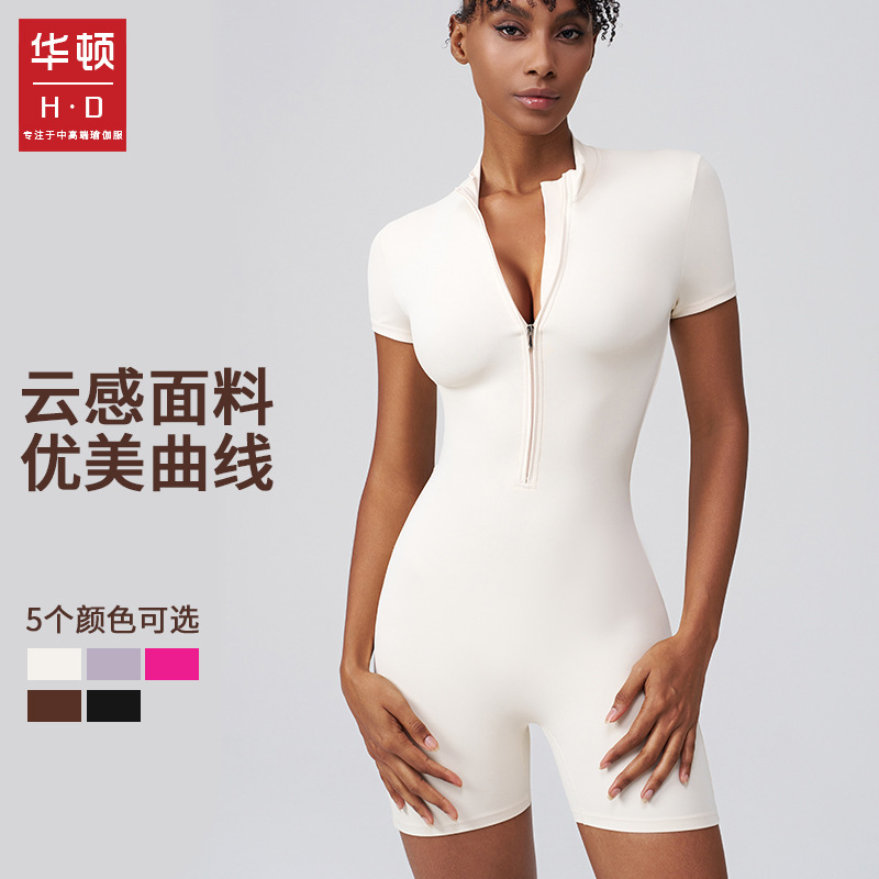 Huiton European and American Zipper One-Piece Fitness Clothes for Women Summer Tight-Fitting Quick-Drying Outer Shorts Yoga Jumpsuit