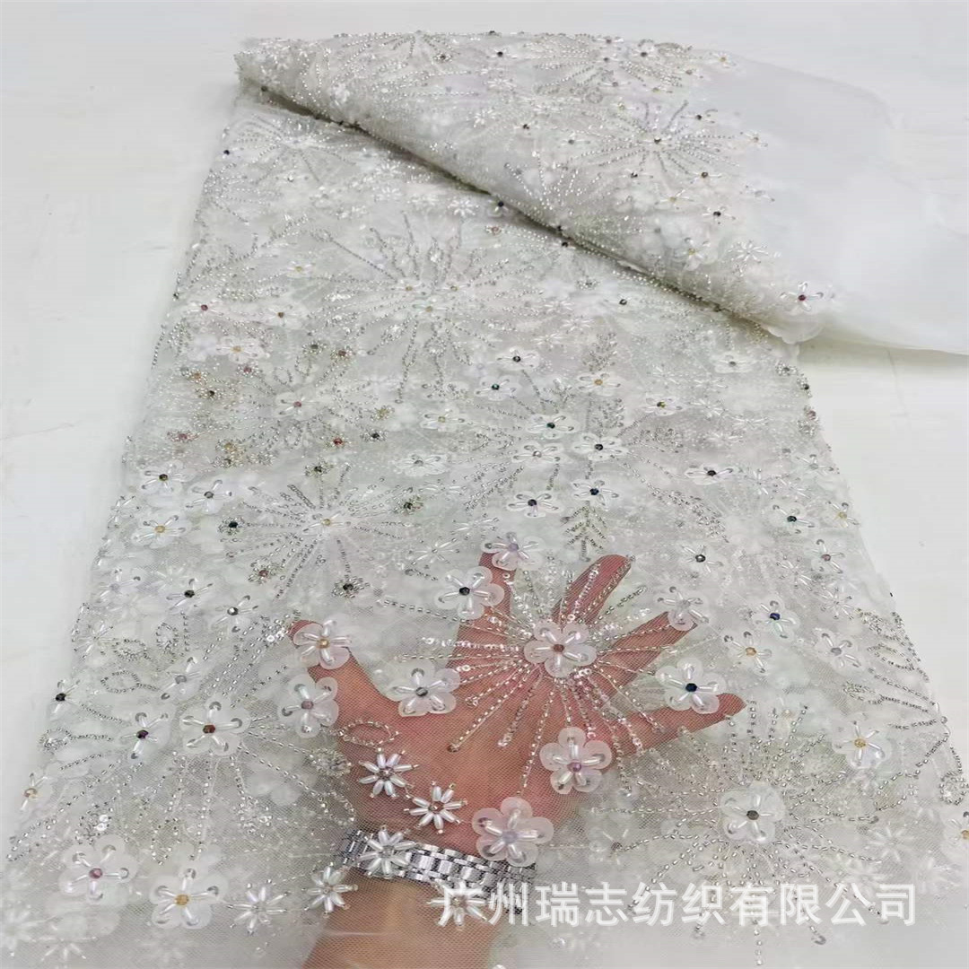 New autumn and winter European and American rice beads with diamond three-dimensional flower lace fabric foreign trade wedding dress bead tube sequin embroidered cloth