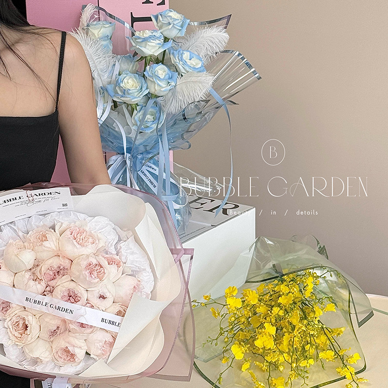 Internet Celebrity Fluorescent Flower Wrapping Paper Flower Wrapping Paper English Transparent Waterproof Jelly Film Flower Shop Floral Wrapping Materials