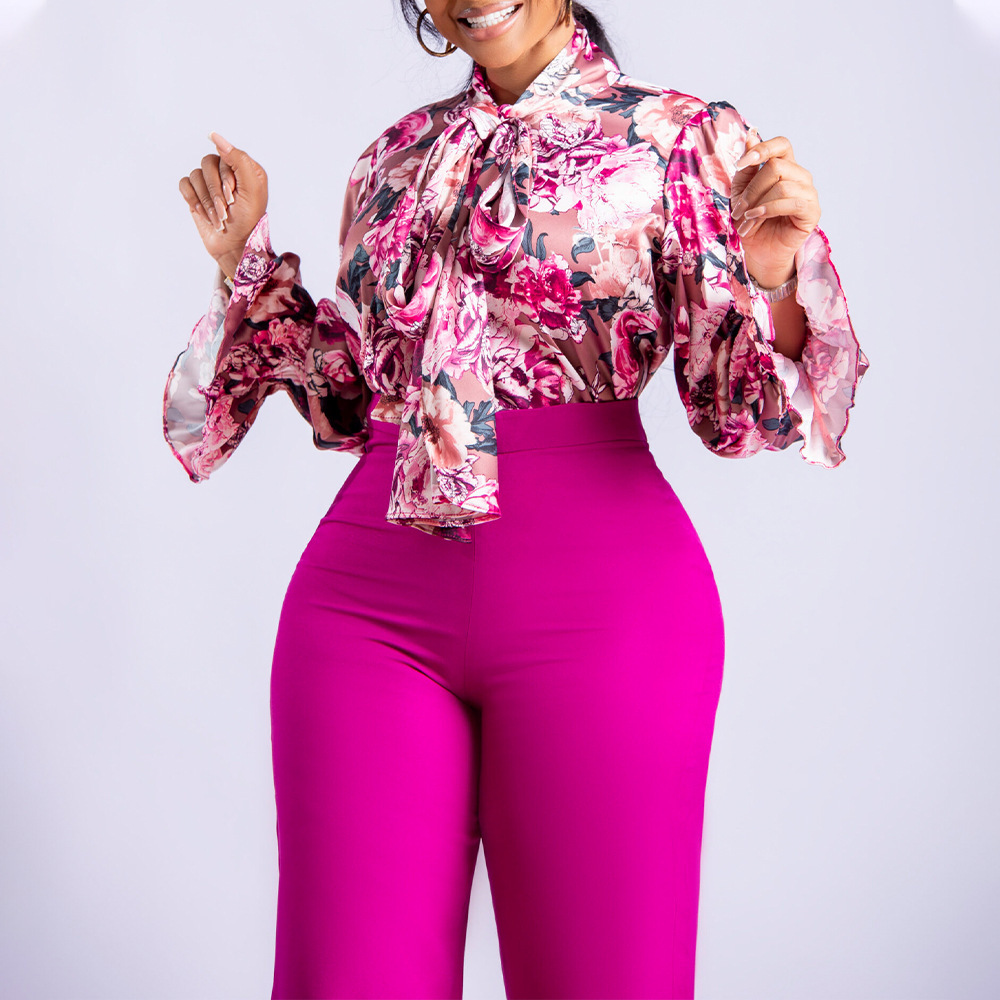 European and American Women's Loose plus size Casual Printed Long-sleeved Shirt Wide-leg Pants Cross-border Two-piece Set