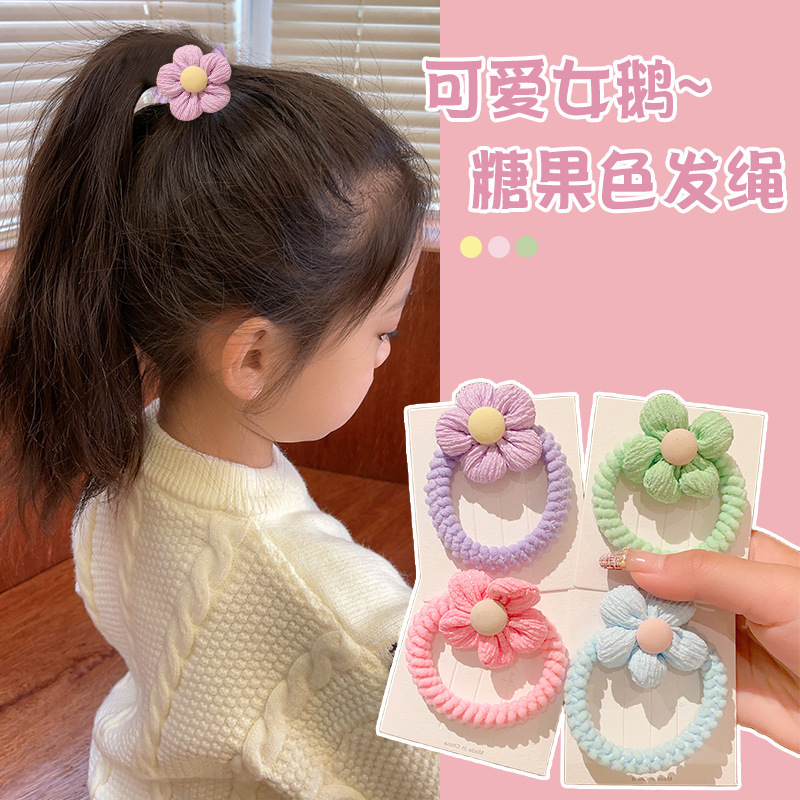 Korean Style Candy Color Flower Children's Hair Rings Thick Durable Colored Hair Rope Girls' Paytail Rubber Tendon Hair Accessories