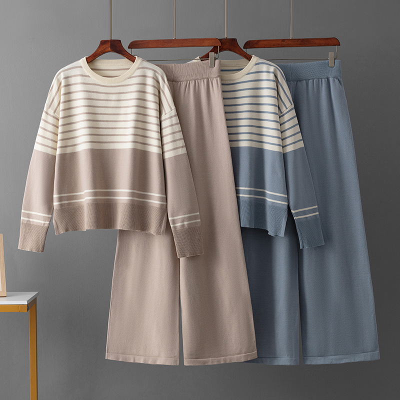 Cross-border Amazon Autumn and Winter New Foreign Trade Striped Knitted Two-piece Crewneck Sweater Loose Casual Fashion Pants