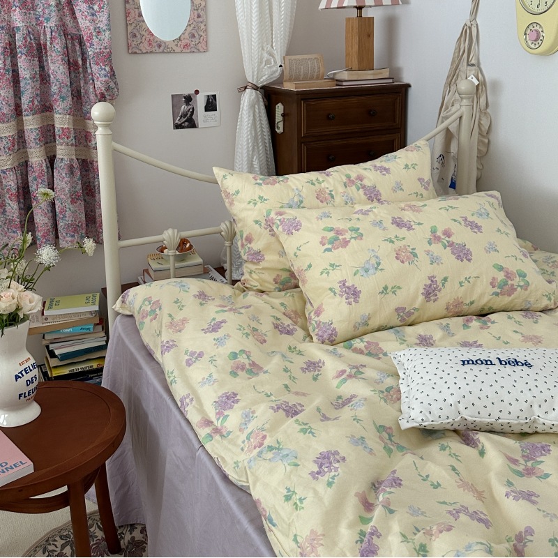 Picture of Small fresh pastoral style cotton bed four-piece set cotton bed sheet quilt cover quilt cover bed hat dormitory three-piece set