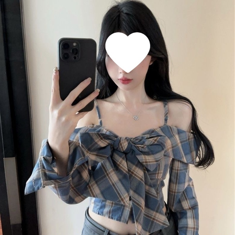 bow long sleeve plaid shirt female autumn hot girl one-shoulder suspender top feel French off-the-shoulder shirt
