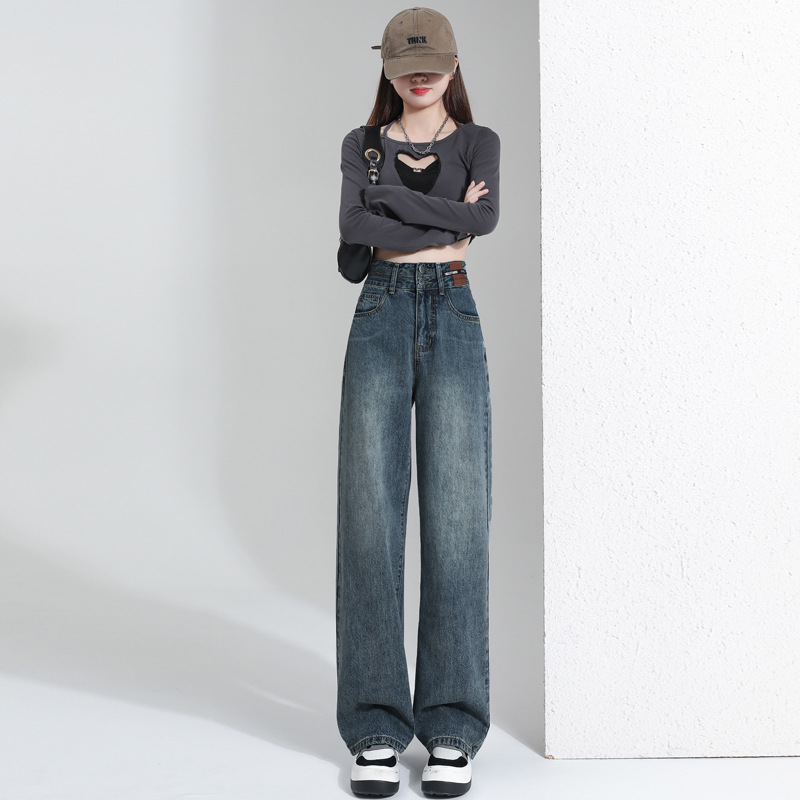 Picture of High Waist Wide-leg Pants Fleece-lined Jeans Women's Spring and Autumn 2023 New Style Small Straight-leg Pants Loose Pants Winter
