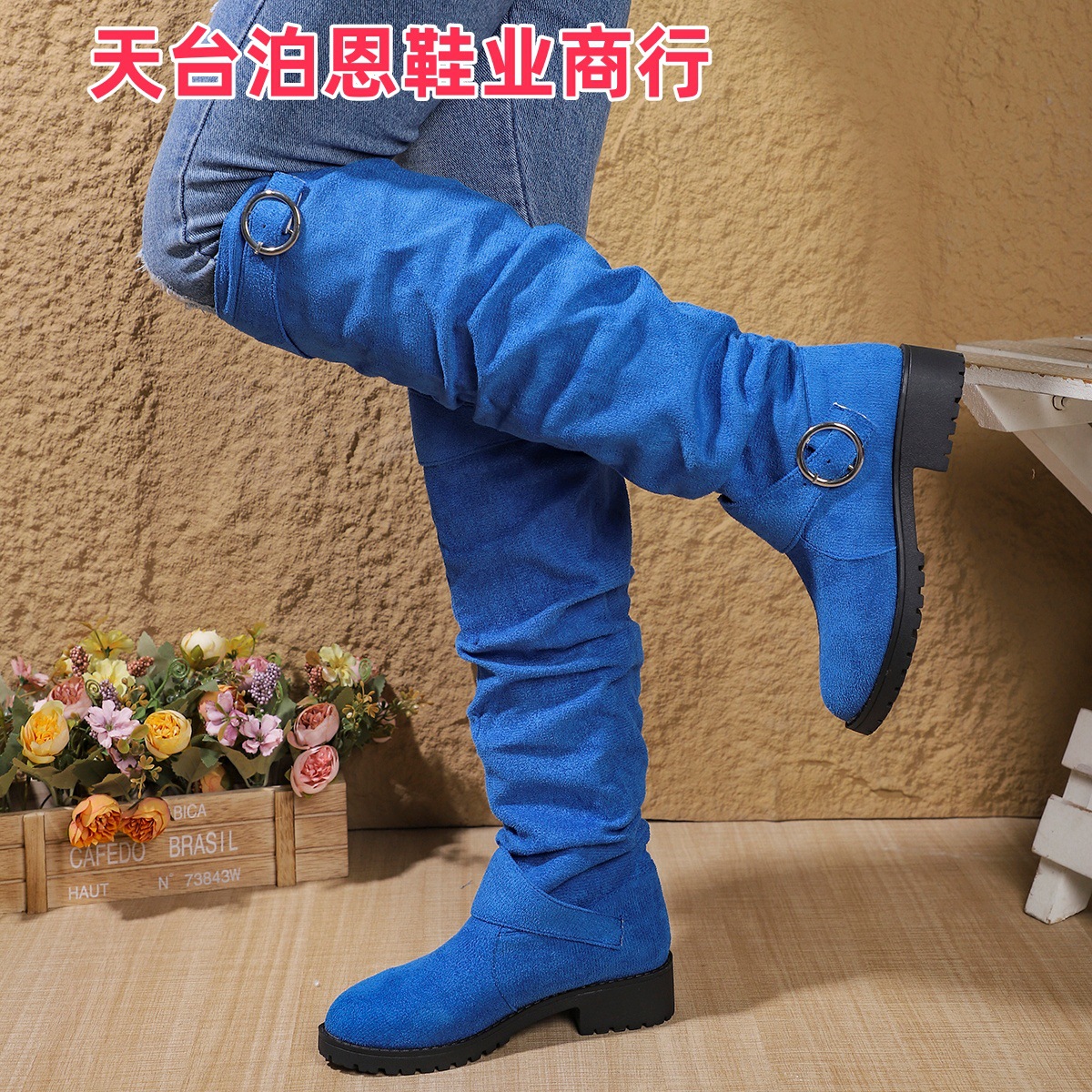 Picture of 2025 Foreign Trade European and American Fashion Autumn/Winter New In-Stock Low Heel Pleated Women's Leather Boots, Western Denim Mid-Calf Women's Boots