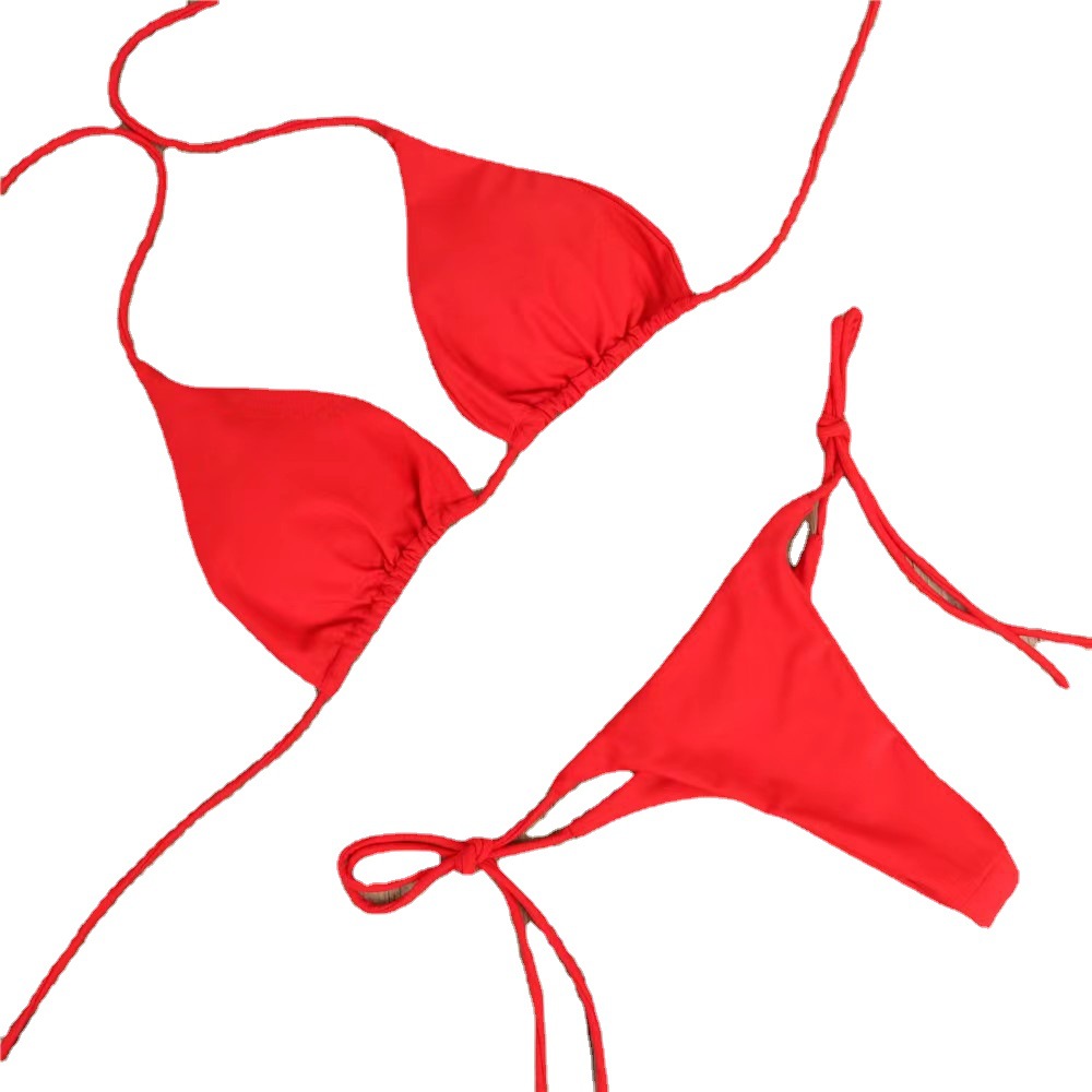 Picture of New European and American Bikini Swimwear Solid Color Foreign Trade Three-Point Sexy Swimsuit Women's Split Adjustable Lace-Up