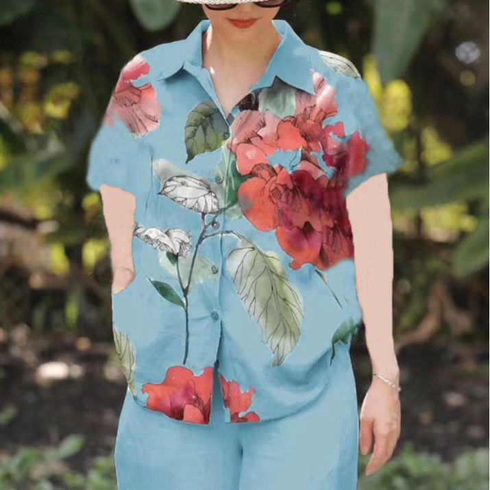 Picture of Amazon Spring and Summer plus size Loose chubby girl Elegant Casual Stylist Age-reducing Printed Shirt with Short Sleeve Lel