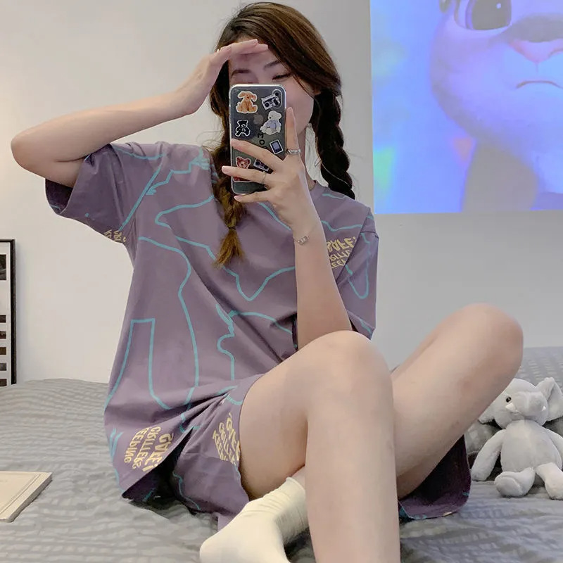 New style pajamas women's summer short-sleeved shorts artificial cotton suit Korean style student sweet cute cartoon women's home wear