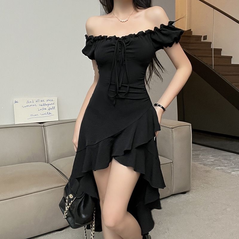 Cross-Border Black Ruffled Irregular Dress for Women Summer New One-Shoulder Waist Sexy Mid-Length Skirt