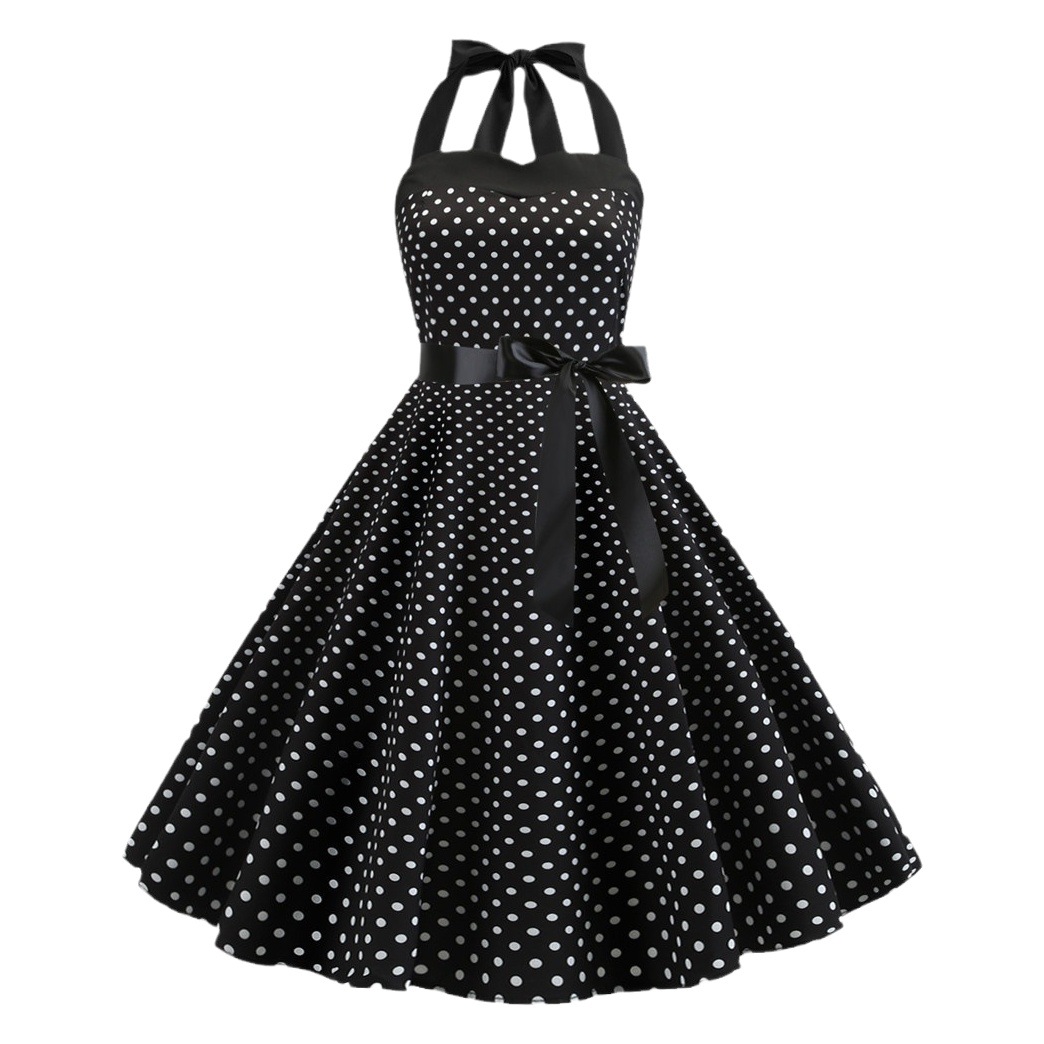 Europe and the United States new wave dot dress tube-length waist skirt slim retro neck dress large discount