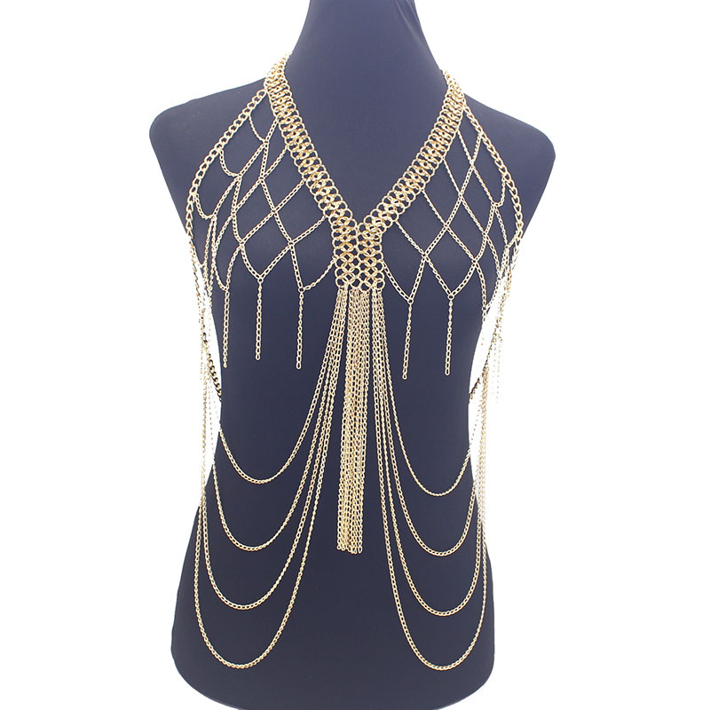 European and American Cross-Border Jewelry Women's Metal Mesh Cut Out Tassel Multi-Layer Chest Chain Nightclub Performance Fashion Clothing Accessories