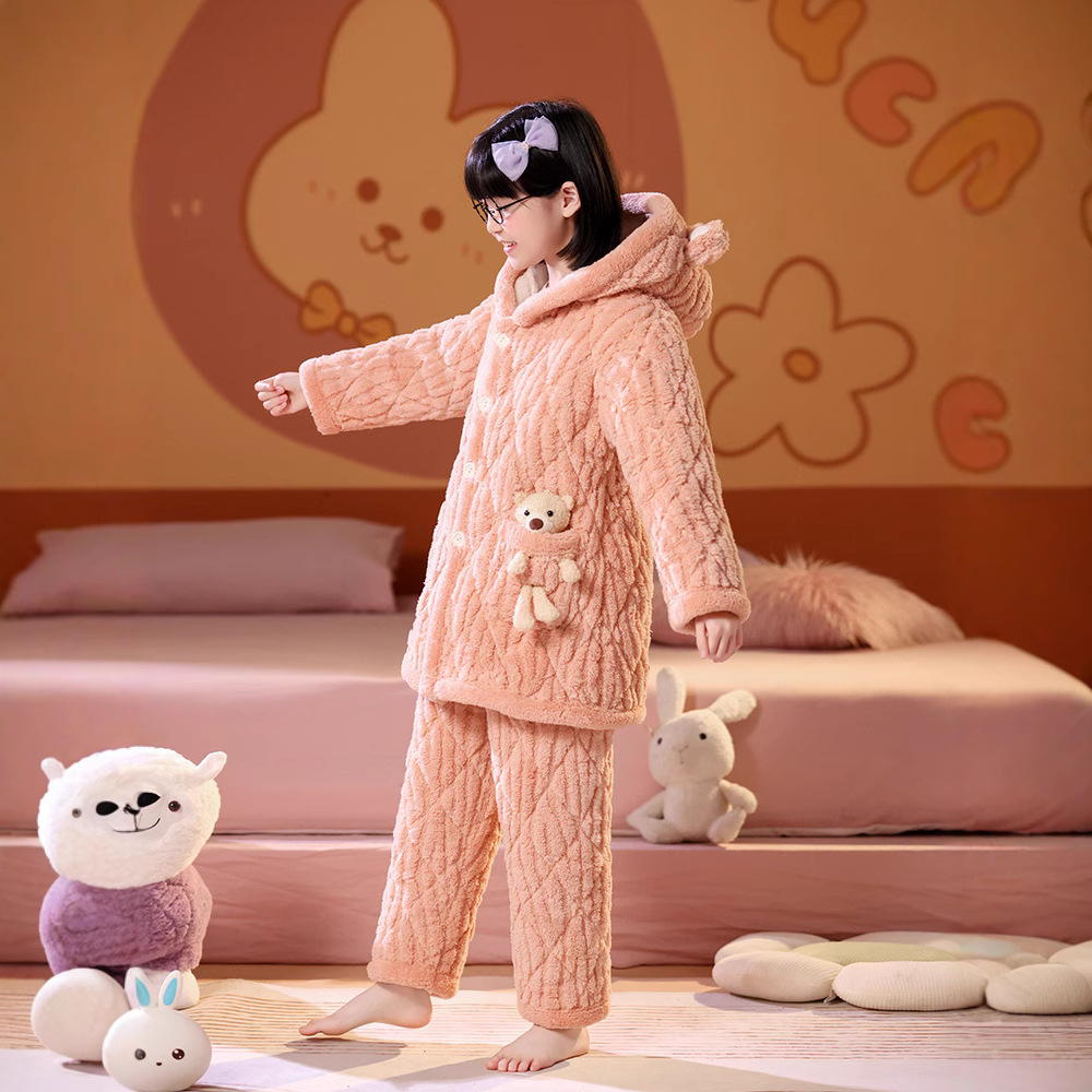 Picture of Children's Three-Layer Quilted Pajamas Winter Flannel fleece-lined Thickened Boys' Girls' Baby Warm Home Clothes suit