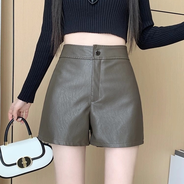High waist slimming PU leather shorts women's 2023 autumn high-grade temperament A- line boot pants missing bottoming pants