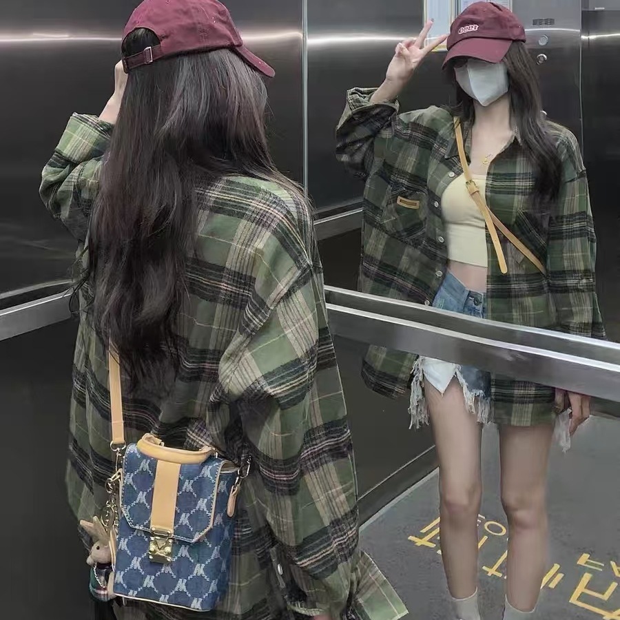 Cross-Border Autumn Japanese Plaid Shirt Women's Thin Sun Protection Shirt with Cardigan Commuting French Blouse Jacket Large Size