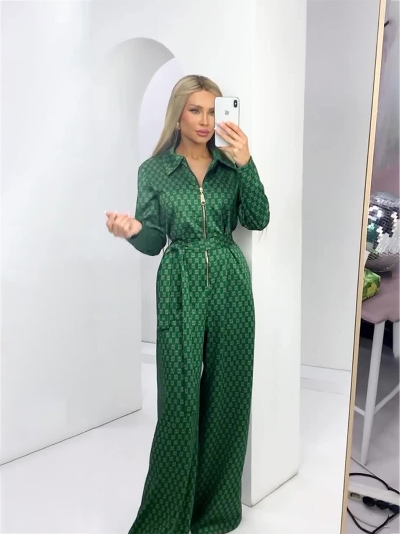 Amazon Independent Station 2024 Spring European and American New Printed Long Sleeve Zipper Belt Slim Jumpsuit Women's Clothing