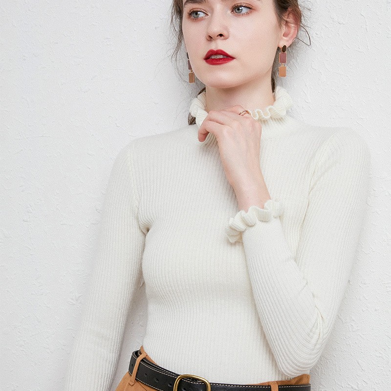 Picture of 2022 autumn and winter New agaric ruffled sweater women's lace sleeve base shirt thickened sweater manufacturers batch generation