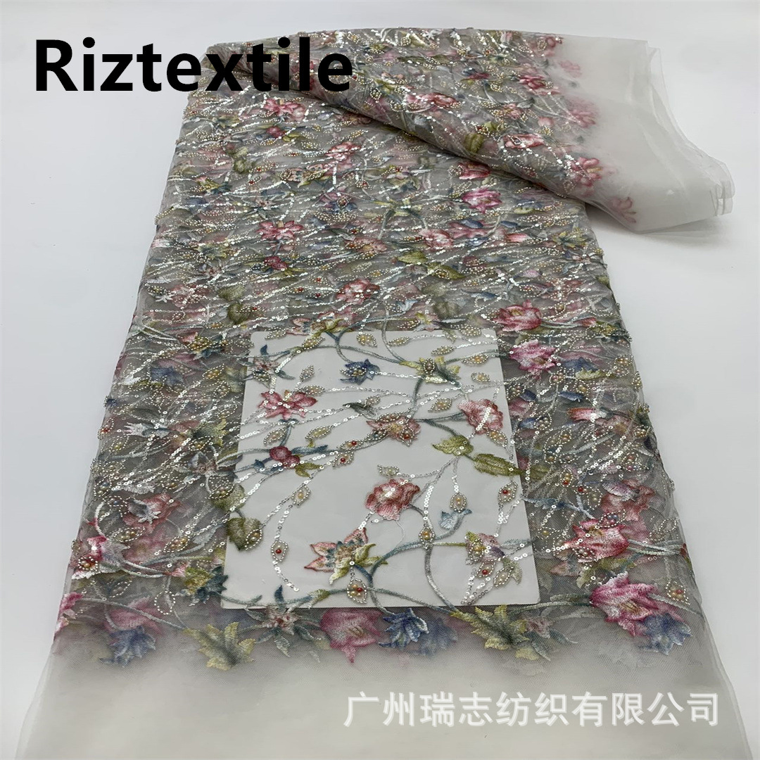 Ethnic Style Plant Flower Embroidered Mesh Cloth National Style Dress Sequin Bead Tube Embroidered Fabric embroider lace