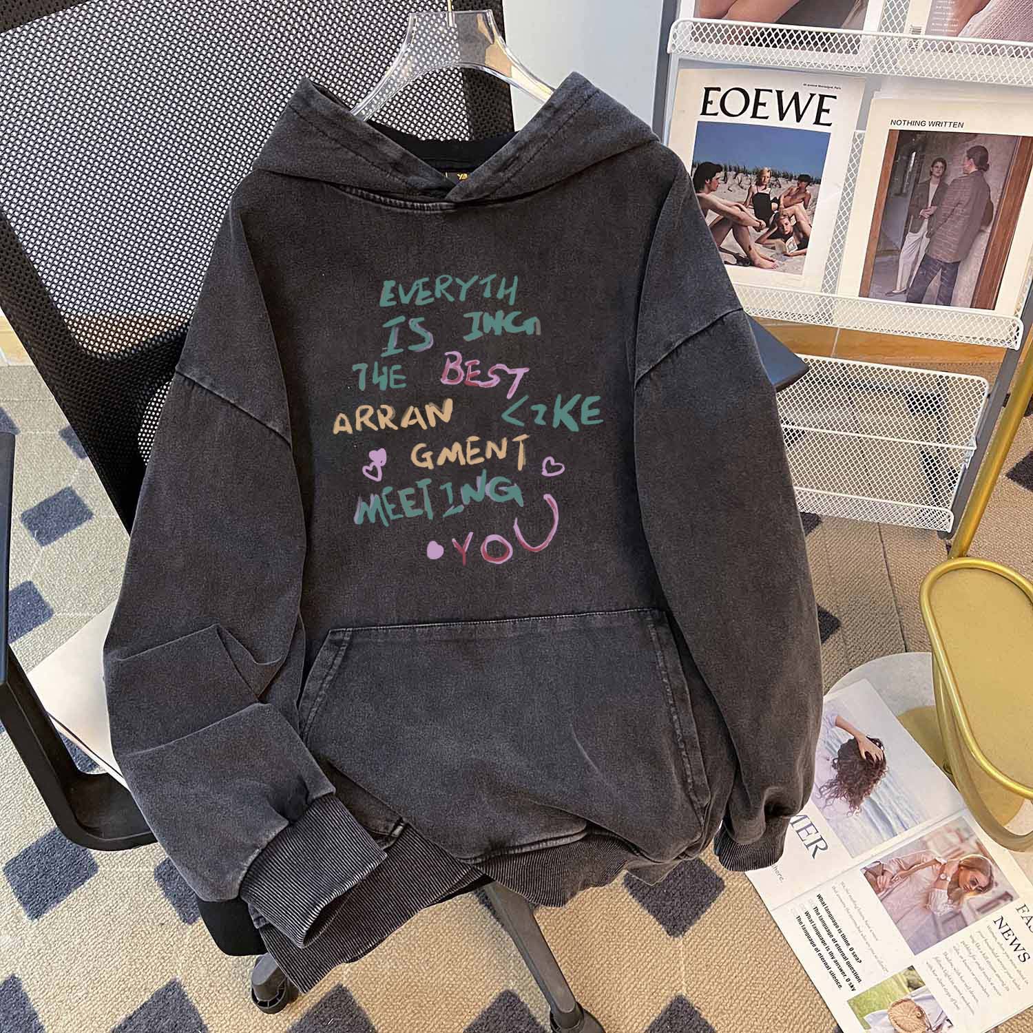 American Style Trendy Brand Letter Printing Hooded Sweater Washed Old Batik Washed Vintage Pure Cotton Chinese Cotton Composite Sweater