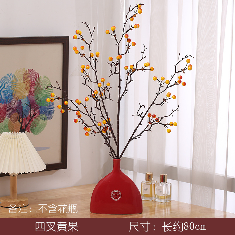 Picture of Red Fruit Branch Artificial Flower Holly Fruit Artificial Flower Red Berry Living Room Housewarming New Year Decoration Spring Festival Blessing Bucket Flower Arrangement Accessories
