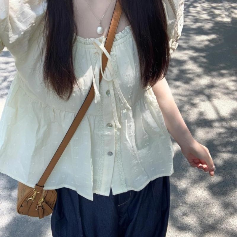 2.2 French Sweet Lace Doll Shirt Short-sleeved Shirt Women's Summer Chic Slim-fit Slimming Puff Sleeve Square Collar