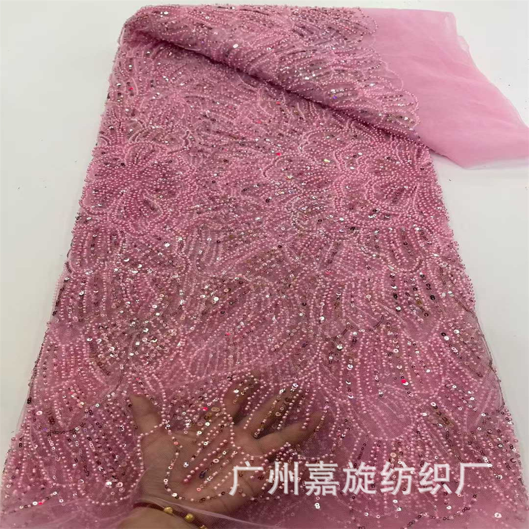 Picture of African large flower beaded tube sequin wedding dress fashion fabric 5yards African beaded lace