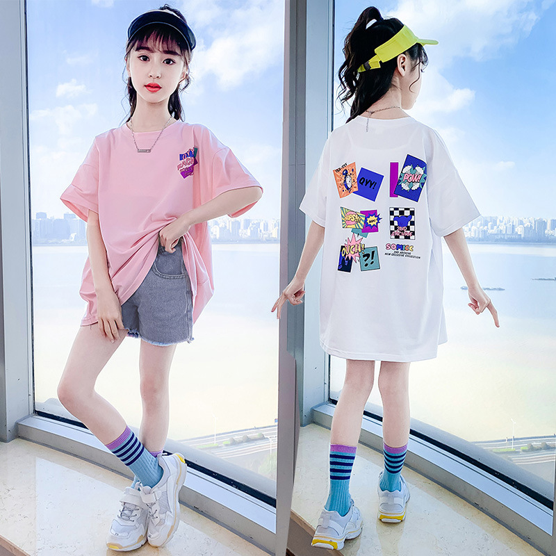 Girls' Short-sleeved T-shirt Summer New Children's Korean-style Half-sleeved Top Large Children's Summer Loose T-shirt Long