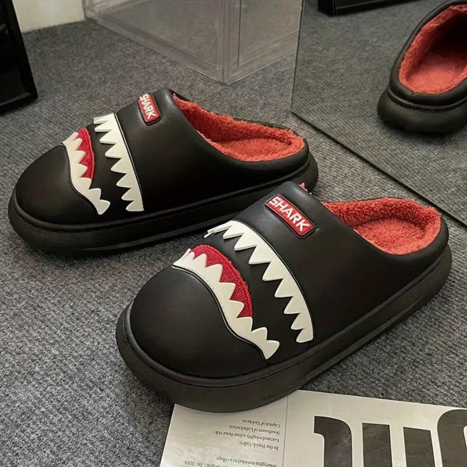 Cotton Slippers Men's Shark Funny Winter Indoor Home Slippers Thick Bottom Warm Non-slip Student Dormitory Cotton Slippers Men