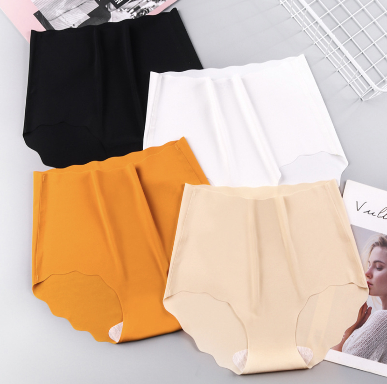 Picture of Ice Silk High Waist Underwear Women's Abdominal Tucking Traceless Large Size Solid Color Women's Underwear Cotton Crotch Breathable One-piece Underwear