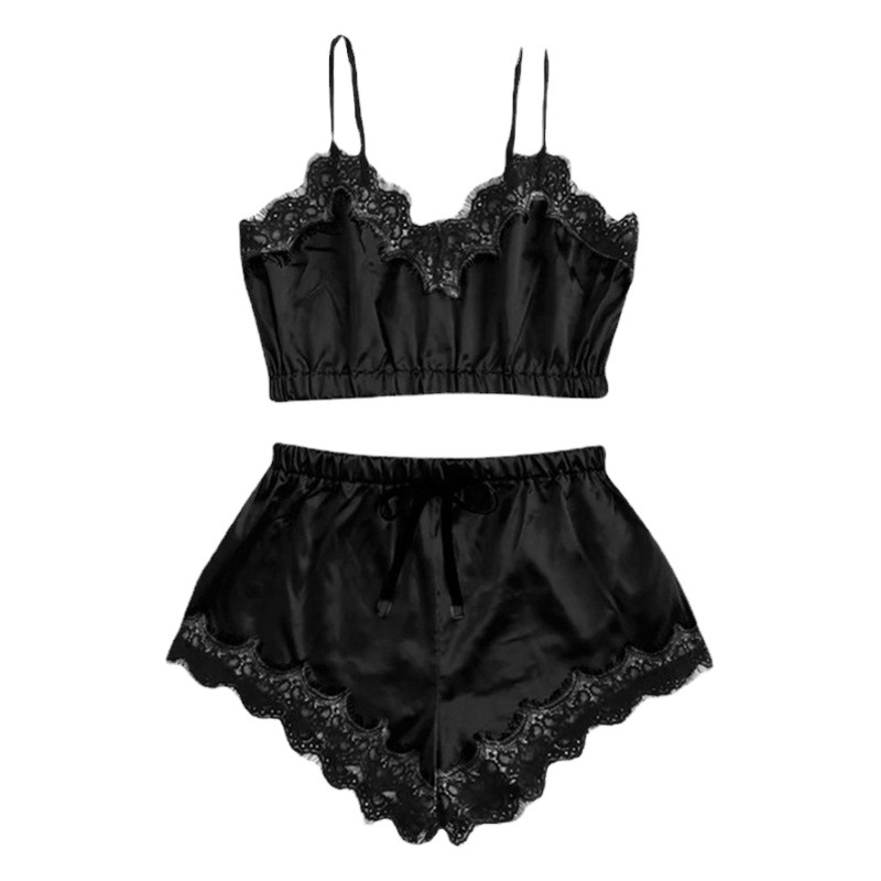 Summer ice silk pajamas women's lace sexy sling suit European and American foreign trade pajamas silk home clothes wholesale